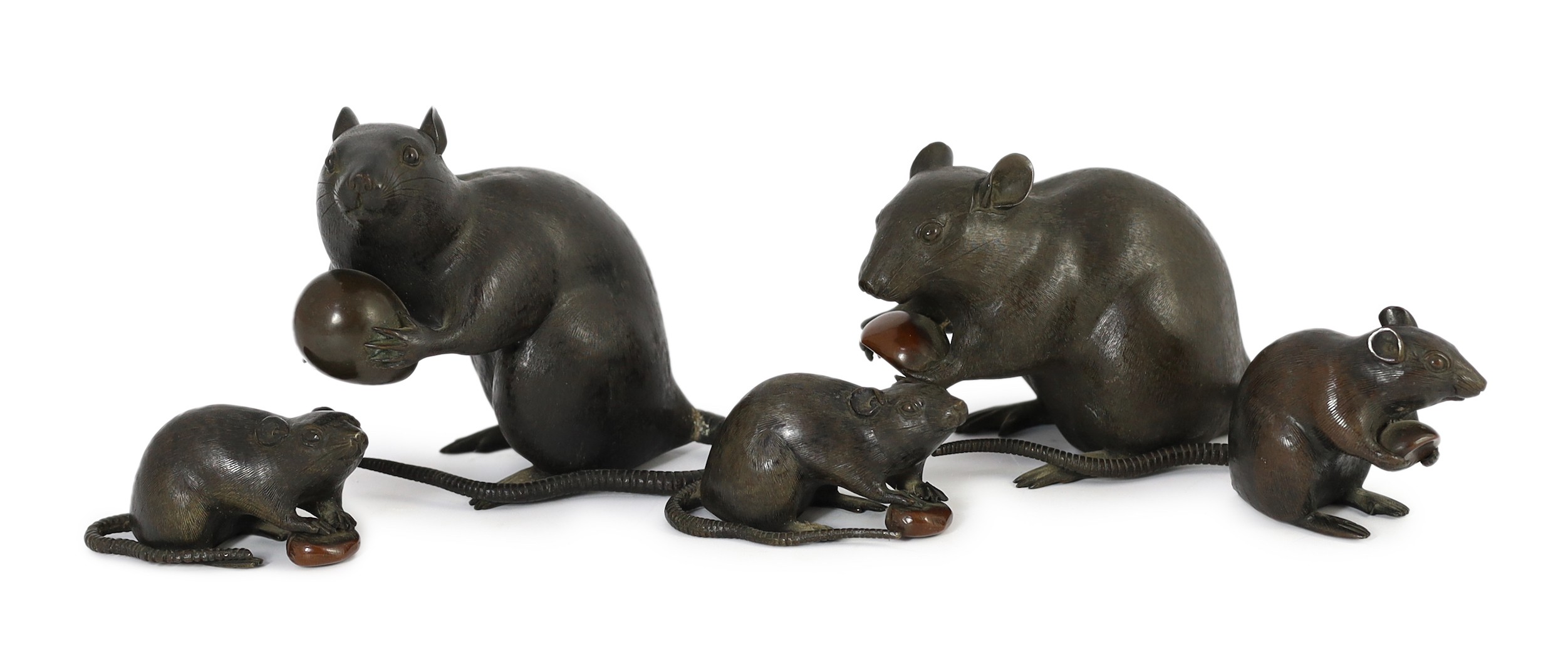 An assembled group of five Japanese bronze and mixed metal models of rats, Meiji period, smallest 9.5cm long, largest 16.5cm long, one small rat tail detached